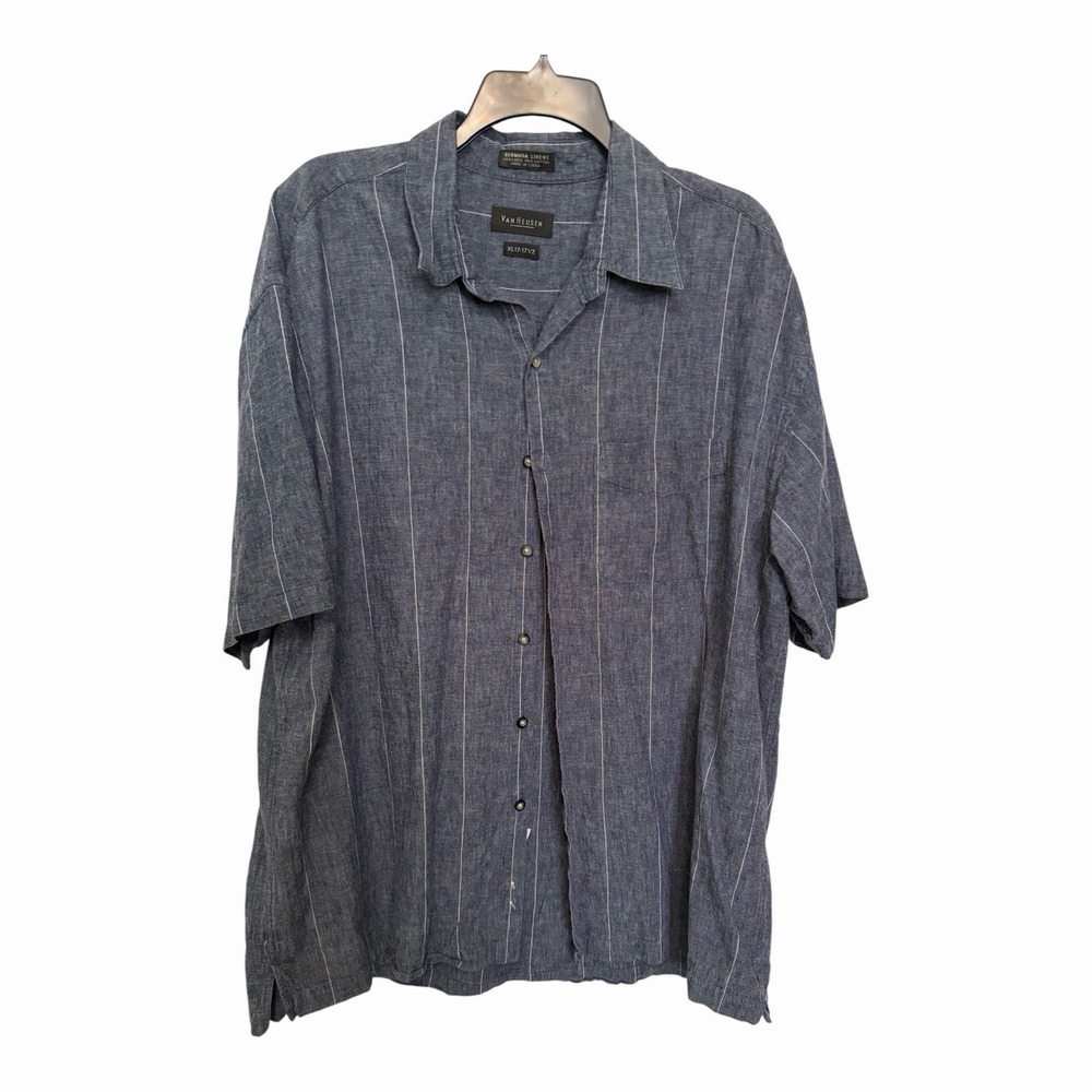 Van Heusen Bermuda Linens Men's XL Blue Linen Cotton Blend Button‎ Front Shirt